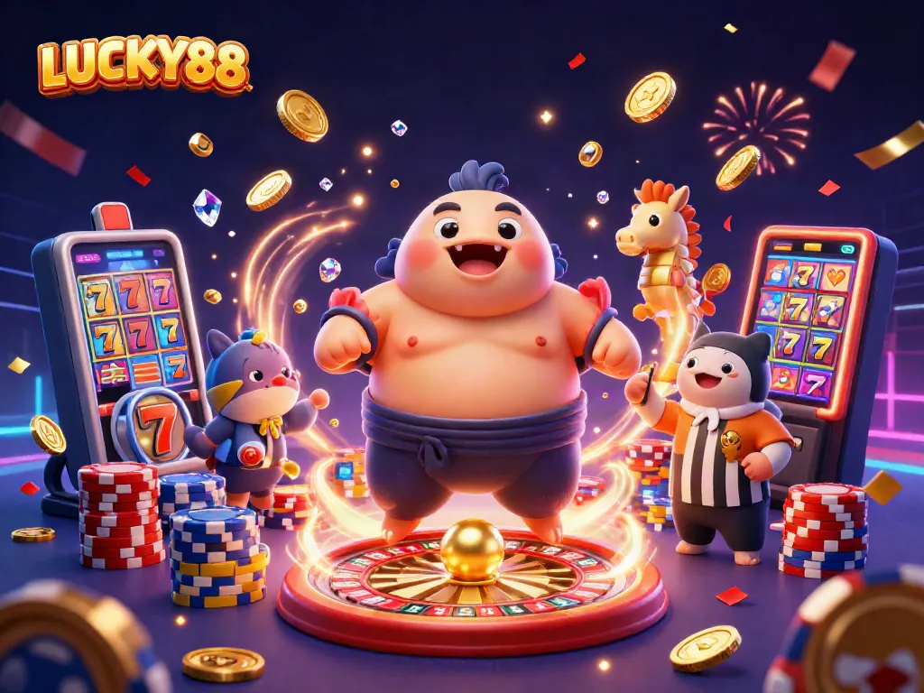 Engage with LUCKY88 through intense casino action featuring dynamic slot gaming elements and festive underwater characters.