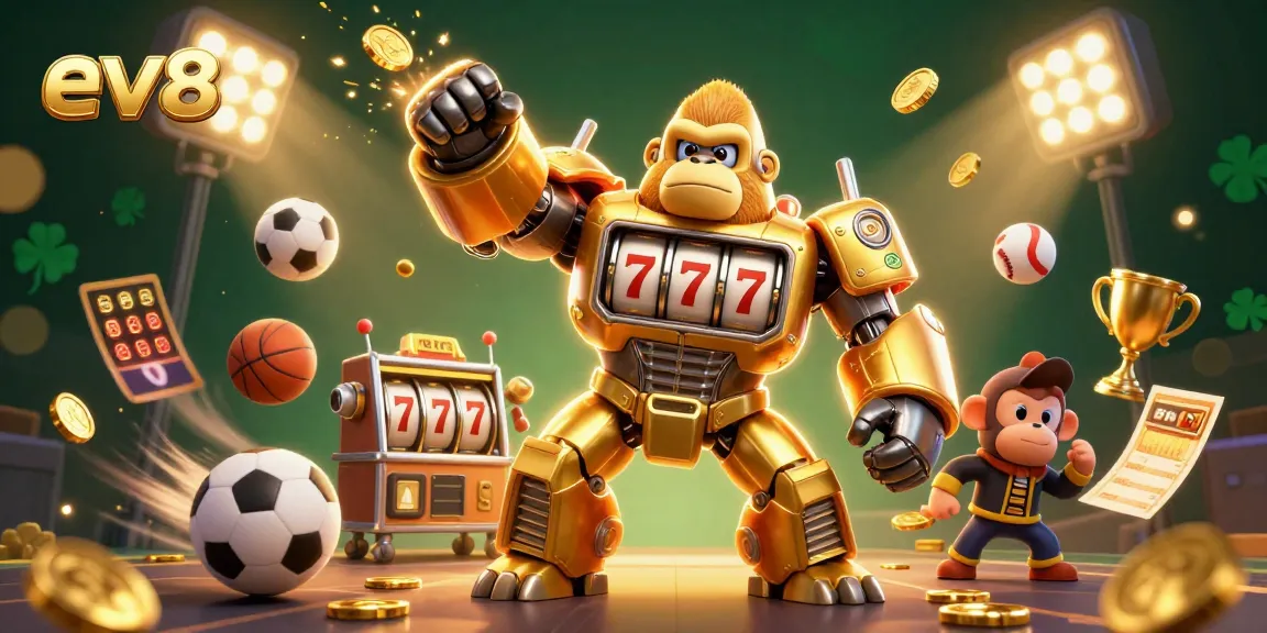 ev88 brings excitement with a golden gorilla mech going big with jackpots in a dazzling casino scene