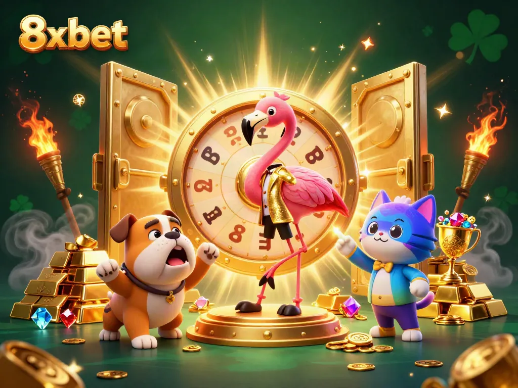 Spin the prize wheel at 8x bet with animated characters celebrating casino fortune.