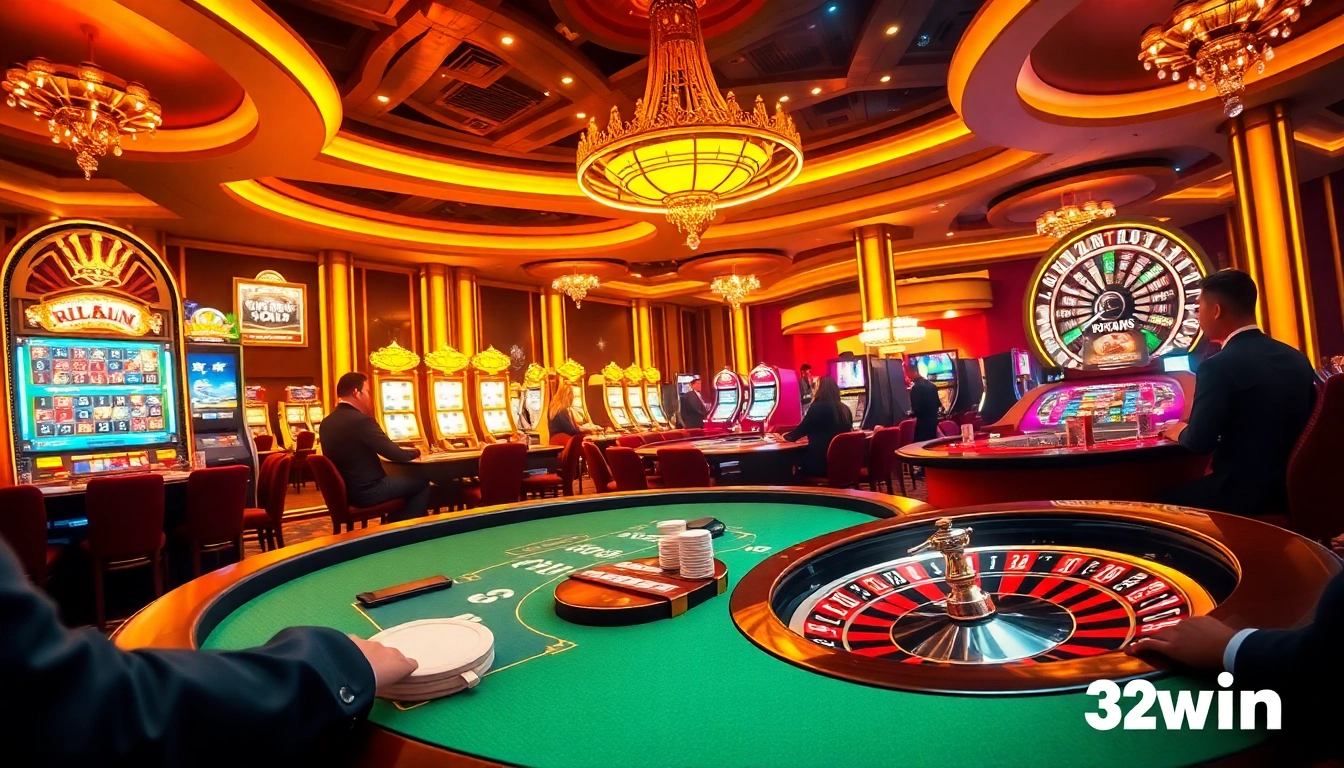 Players win big at the luxurious 32win casino gaming table with vibrant slot machines.