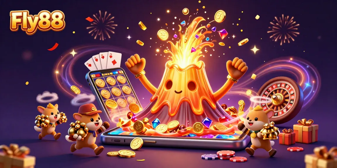 Experience the thrill of Fly88 with a triumphant volcano erupting coins and treasure in this vibrant casino illustration.