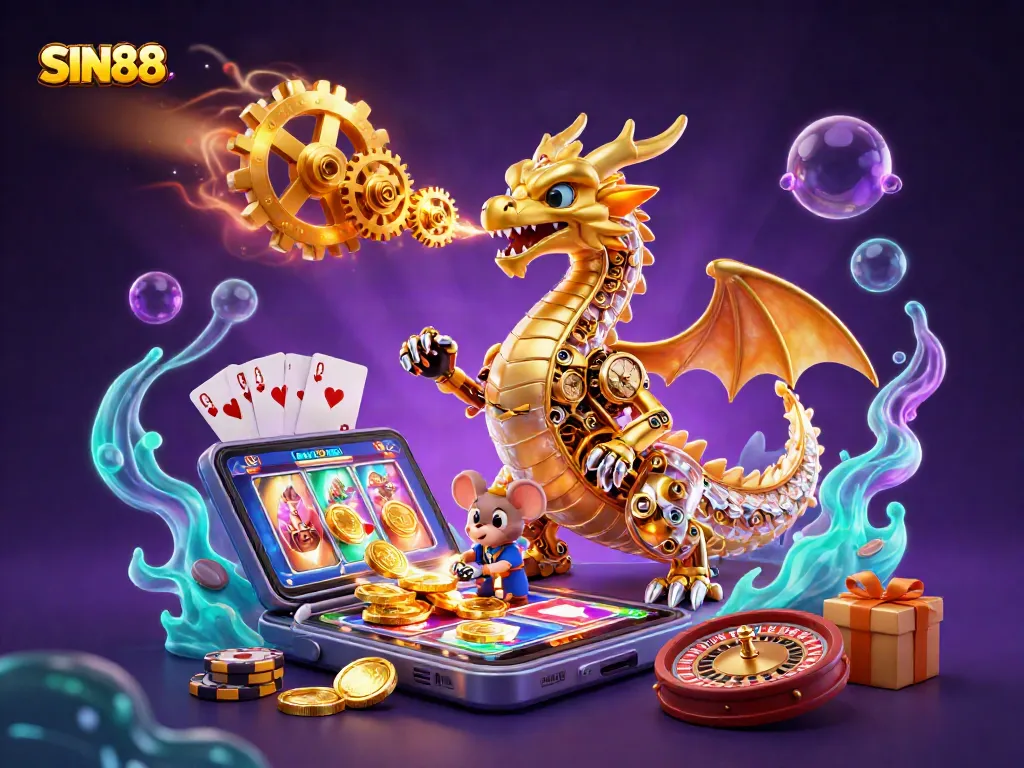 SIN88 brings luck with a dazzling 3D dragon and exciting casino elements igniting gaming spirit.