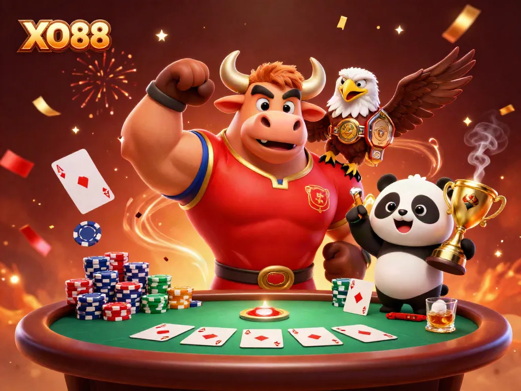 Experience the excitement of XO88 as a bull mascot, eagle, and panda celebrate a winning poker hand.