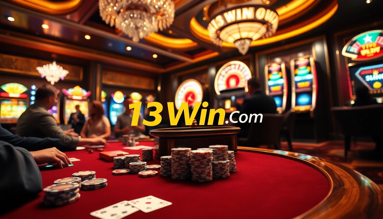 Players enjoying an exciting game of poker at 13Win Com casino, showcasing vibrant chips and cards.