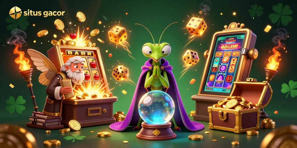 Experience situs gacor excitement with a 3D illustration showing a fortune teller, a librarian, and dynamic casino elements.