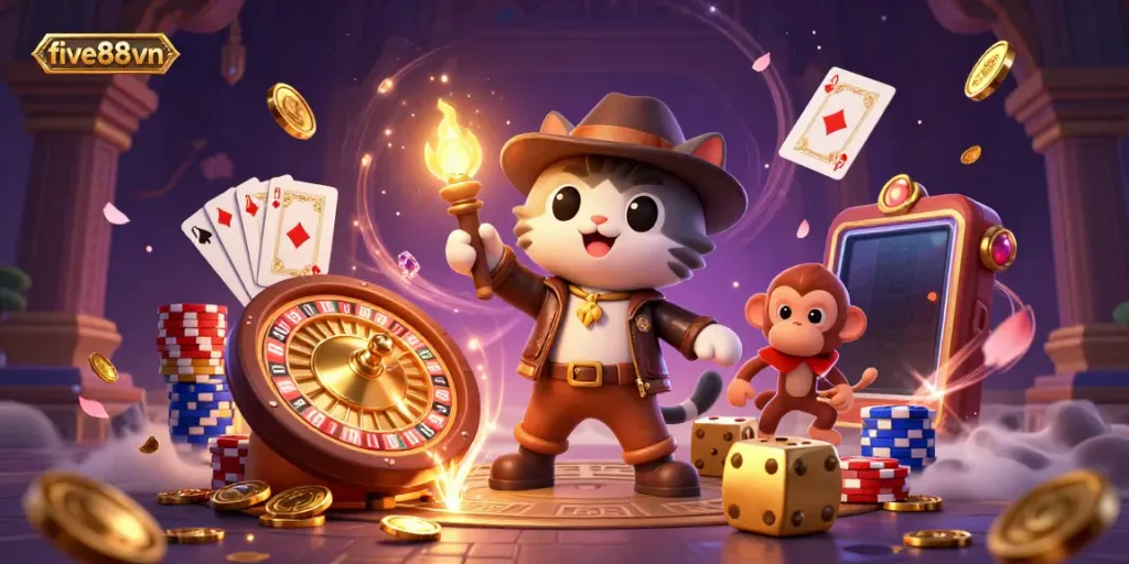 Experience thrilling adventures with the five88vn explorer cat and companion as they uncover casino treasures.