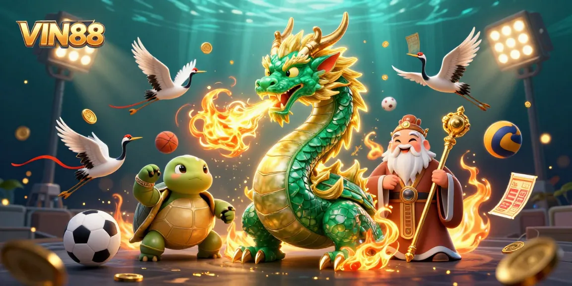 Experience the thrill of VIN88 with dynamic sports betting characters and vibrant casino elements.