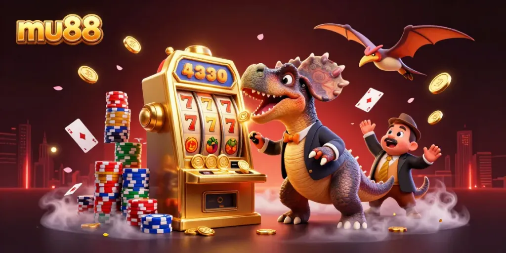 Experience the excitement at mu88 as cartoon dinosaurs celebrate jackpot wins amidst vibrant casino scenes.
