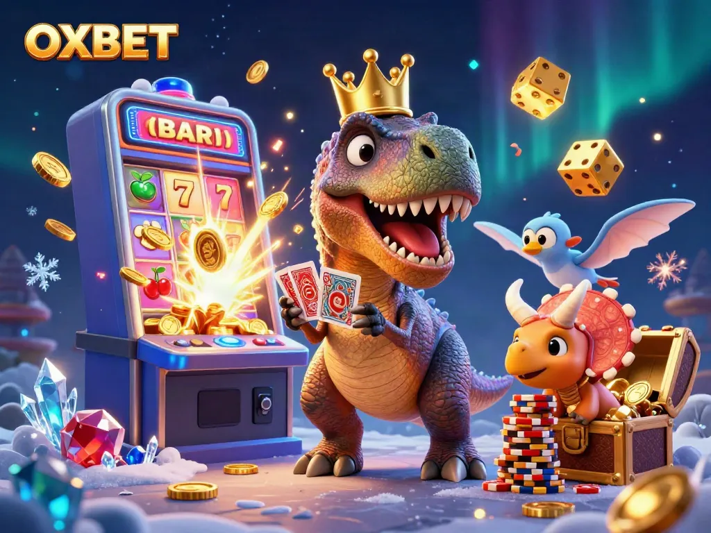 Experience the thrill of OXBET with a colorful, engaging 3D casino scene featuring T-Rex card shuffling and jackpot symbols.
