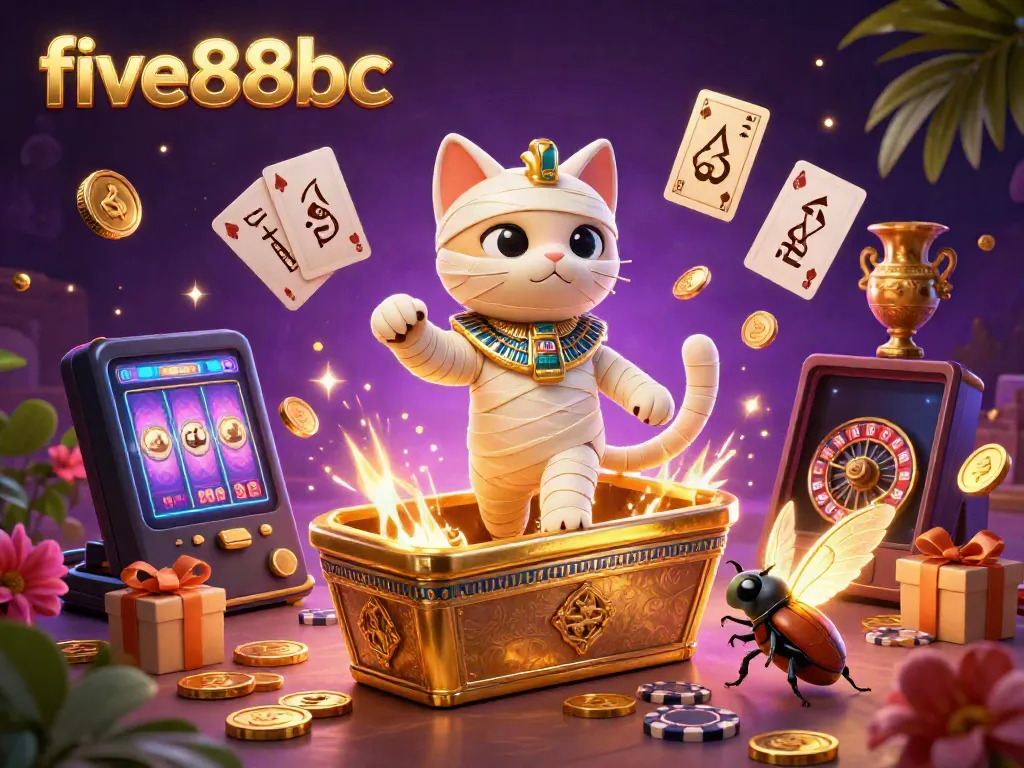 Experience the thrill of winning with five88bc as the Egyptian mummy cat plays in an exciting online casino atmosphere.