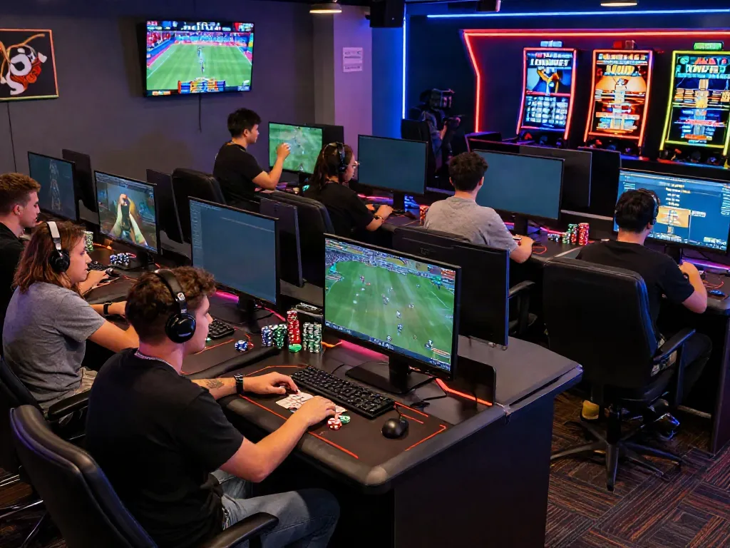 Exciting scene of diverse players enjoying online betting at 9BET gaming lounge