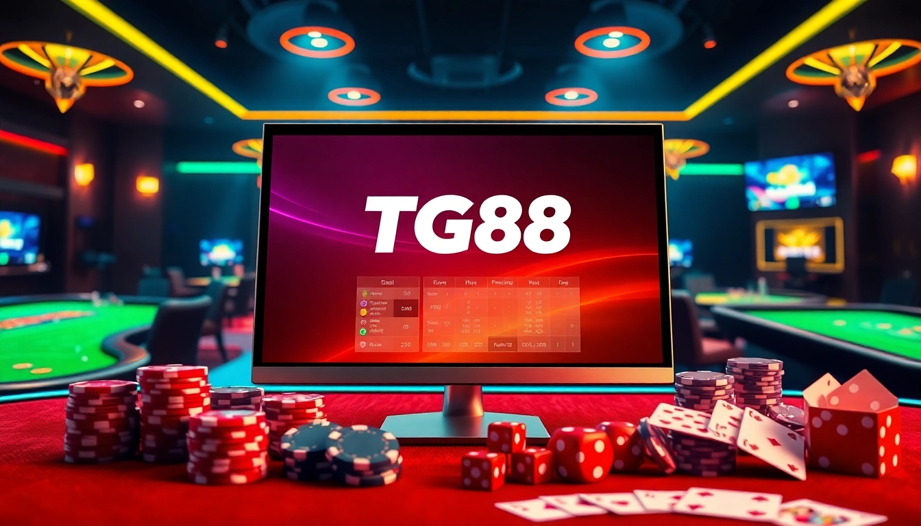 The TG88 online gambling interface with vibrant casino elements like poker chips and cards, exuding excitement and professionalism.