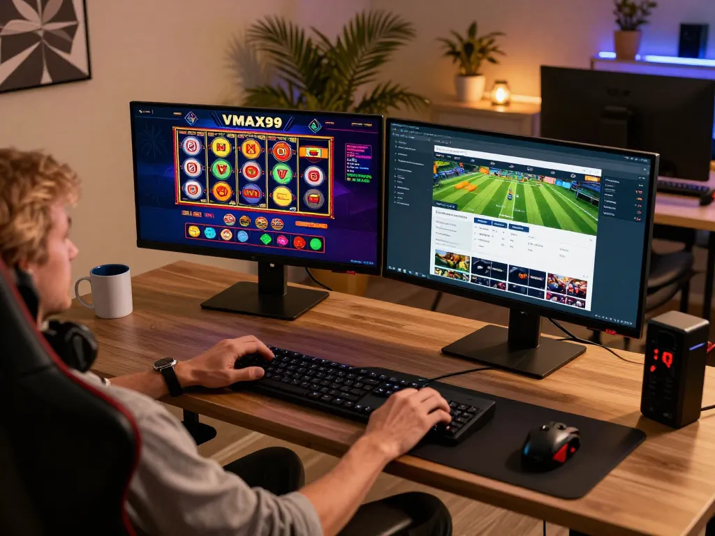 Engaging online gambling experience at https://vmax99.vip/ with a modern gaming setup displaying casino games on screen
