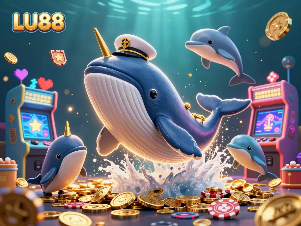 LU88 showcases a spectacular casino theme with characters surrounded by colorful gaming elements and sparkling coins.