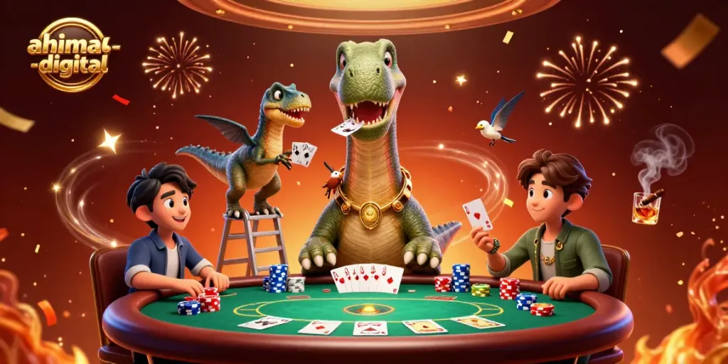 Engage with ahimajournal-digital's vibrant casino scene featuring a dinosaur poker game.