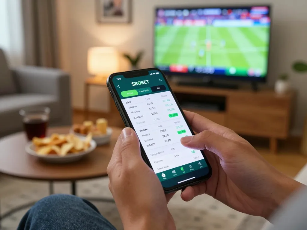 SBOBET Đăng Nhập screen on smartphone, showcasing live sports betting action in a cozy home setting with snacks.