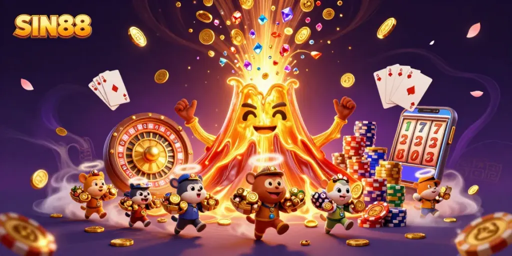 Experience the exciting world of SIN88, where treasures erupt from a vibrant golden volcano in this captivating casino-themed illustration.