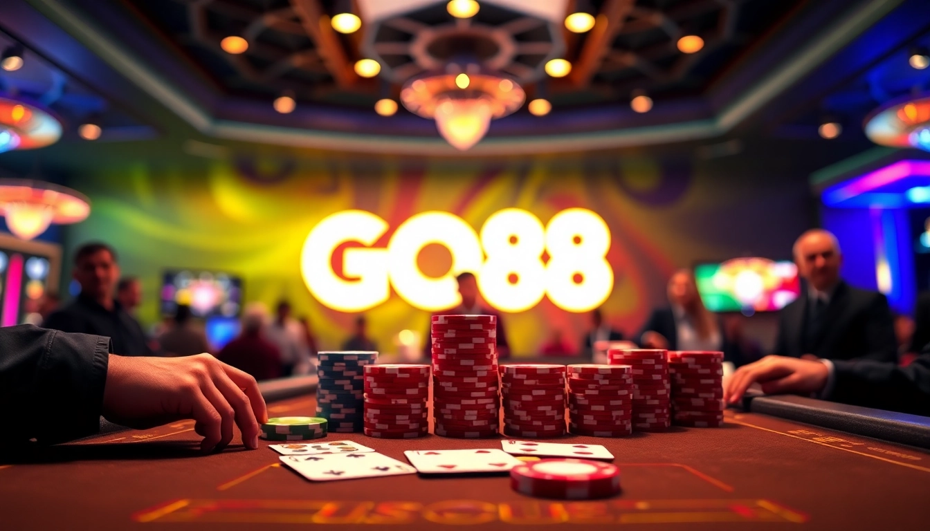 Exciting poker game at GO88 with colorful chips and illuminated cards enhancing the casino experience.