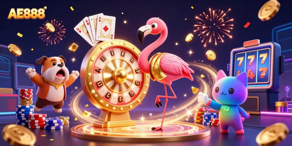Experience excitement at AE888 with a flamboyant game show scene featuring prizes, coins, and vibrant energy.
