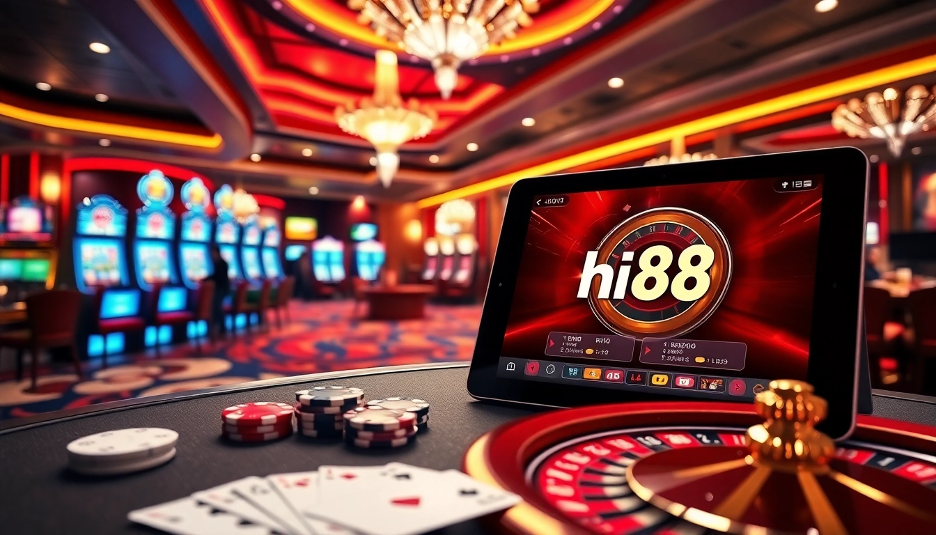 Experience high-stakes gaming at Hi88 with vibrant casino visuals and digital interface elements.