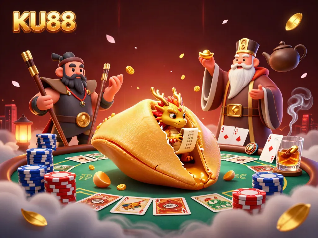 Engage with KU88's vibrant casino adventure featuring a golden fortune cookie and dynamic gaming elements.