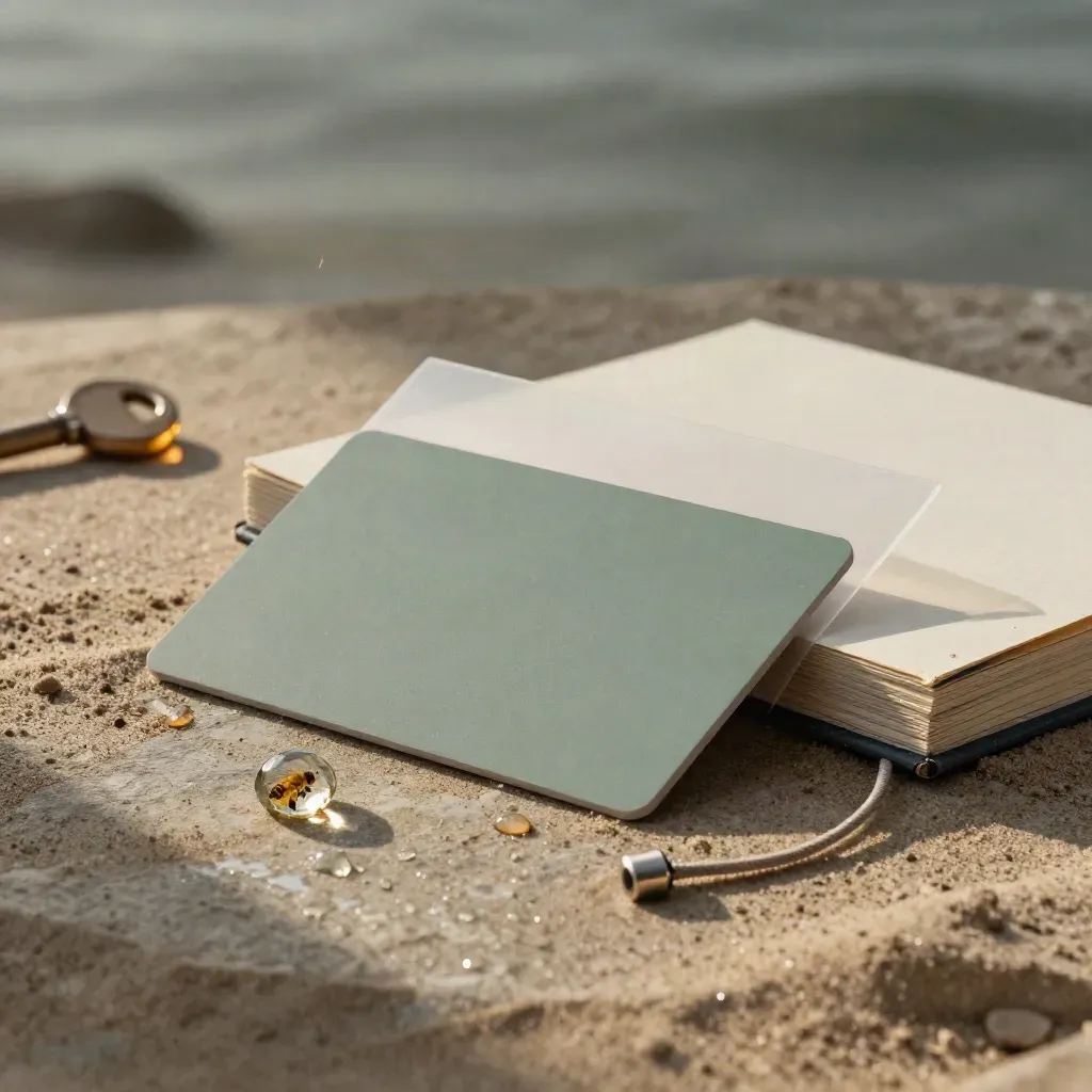 Mail Bee starter-plan pack hero on stone with sleeve, glass token, cable loop and folio.