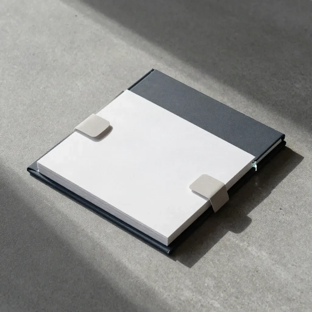 Overhead flatlay of a compact email plan card, tabs, insert and acrylic spacer on pale concrete.