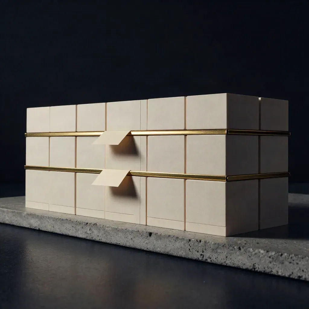 Dark premium product still life of tiered blocks with brass divider on a concrete plinth.