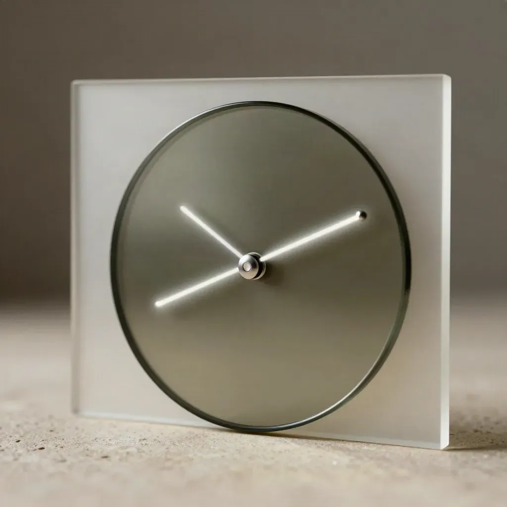 Macro of translucent data panes, a dial disc and slim bars on plaster with a flare of light.