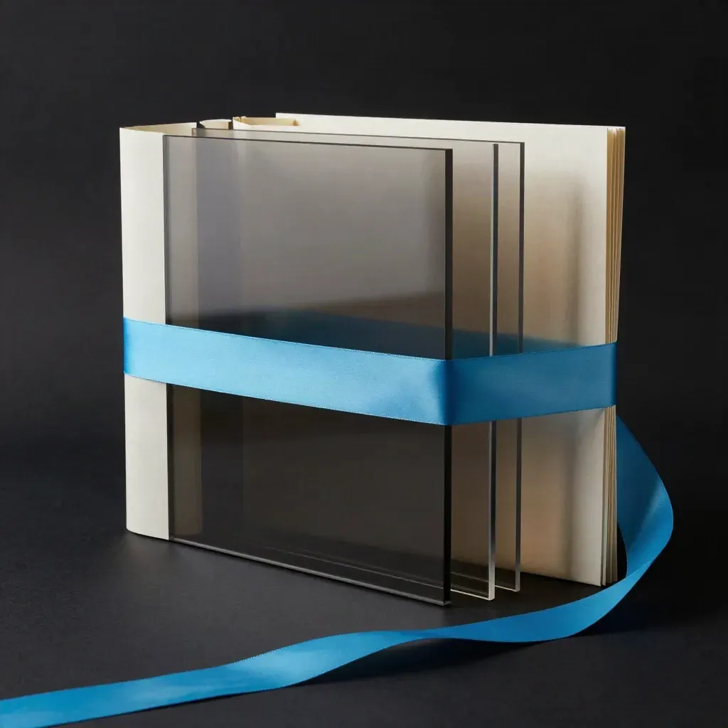 Glossy stack of translucent modules wrapped in paper with a sky-blue band on a dark studio surface.