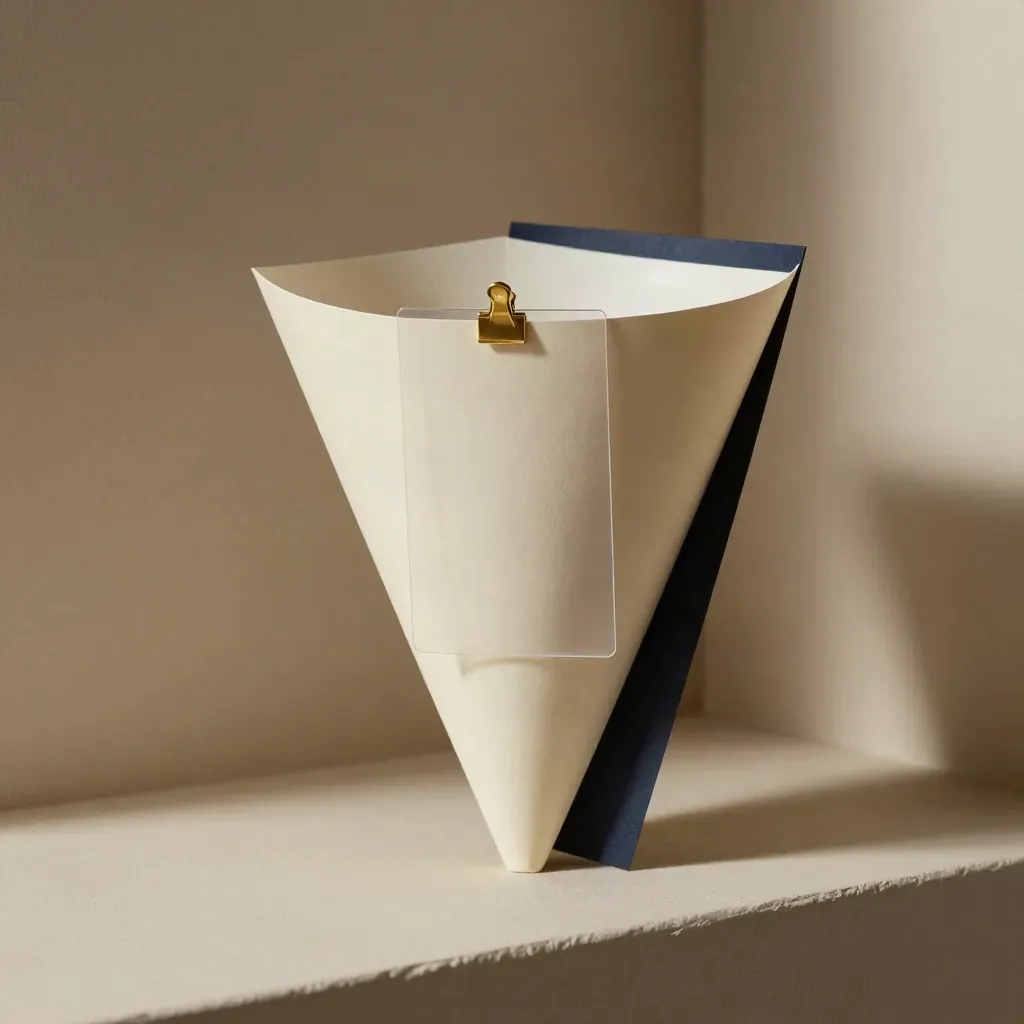 Folded paper funnel with clear insert card and brass clip on warm plaster, soft light