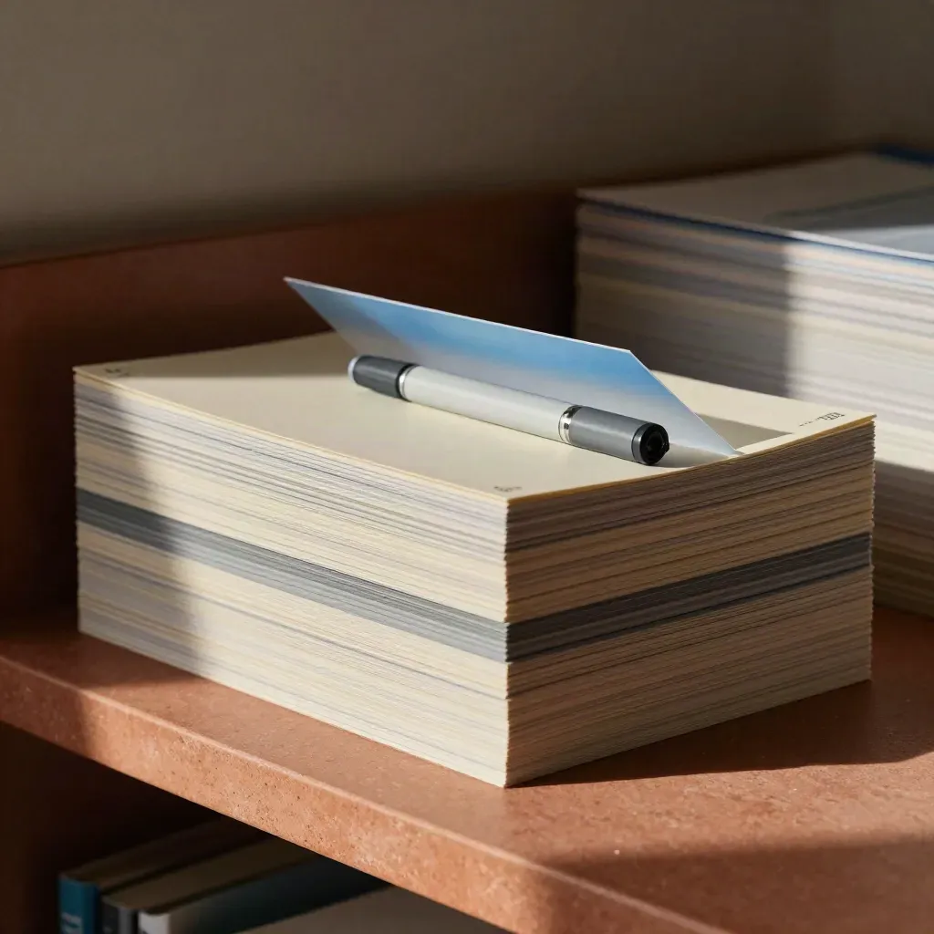 Blank report tiles with translucent overlay sheet and graphite prop on terracotta shelf.