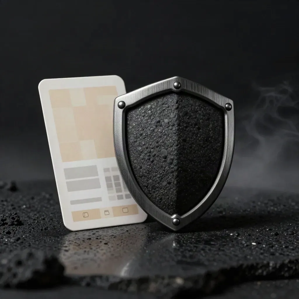 Dark scan-result bundle with shielded module, pebble, and paper tabs on black stone.