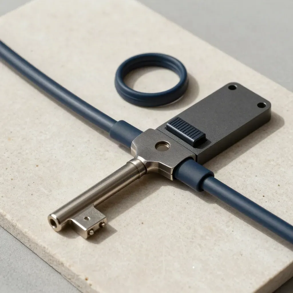 Overhead flatlay of a connector bridge joining two blank modules on pale limestone.