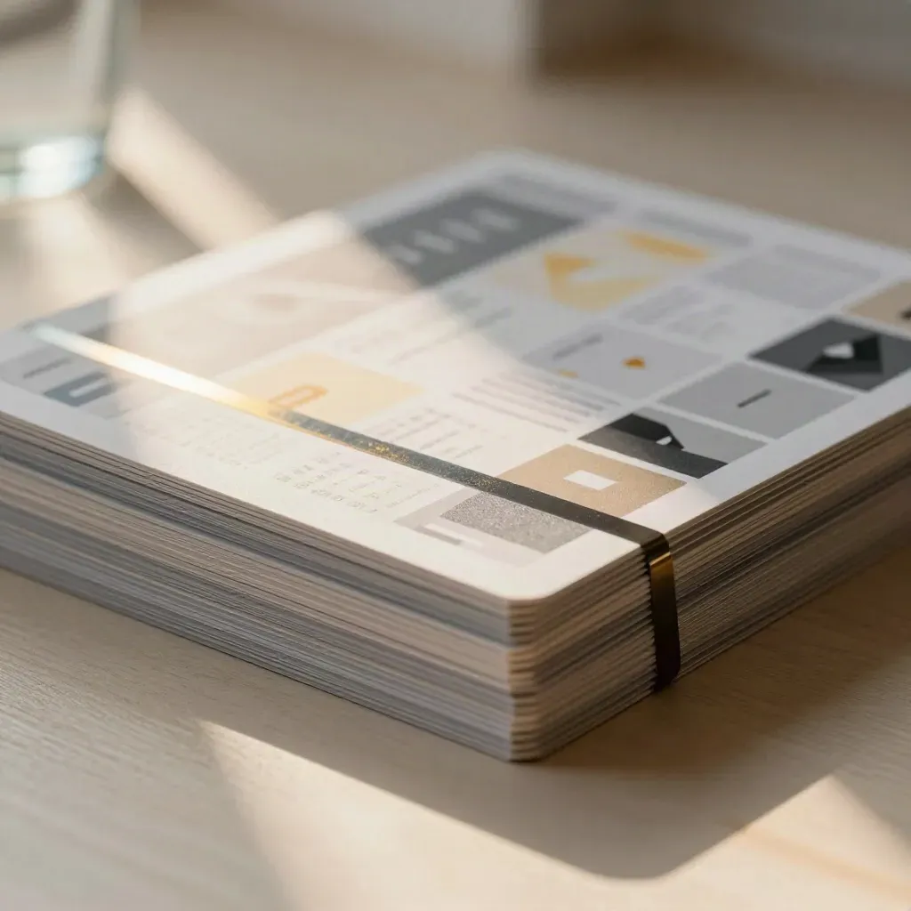 Extreme macro of layered promo cards, folded wrap and reflective strip on pale wood