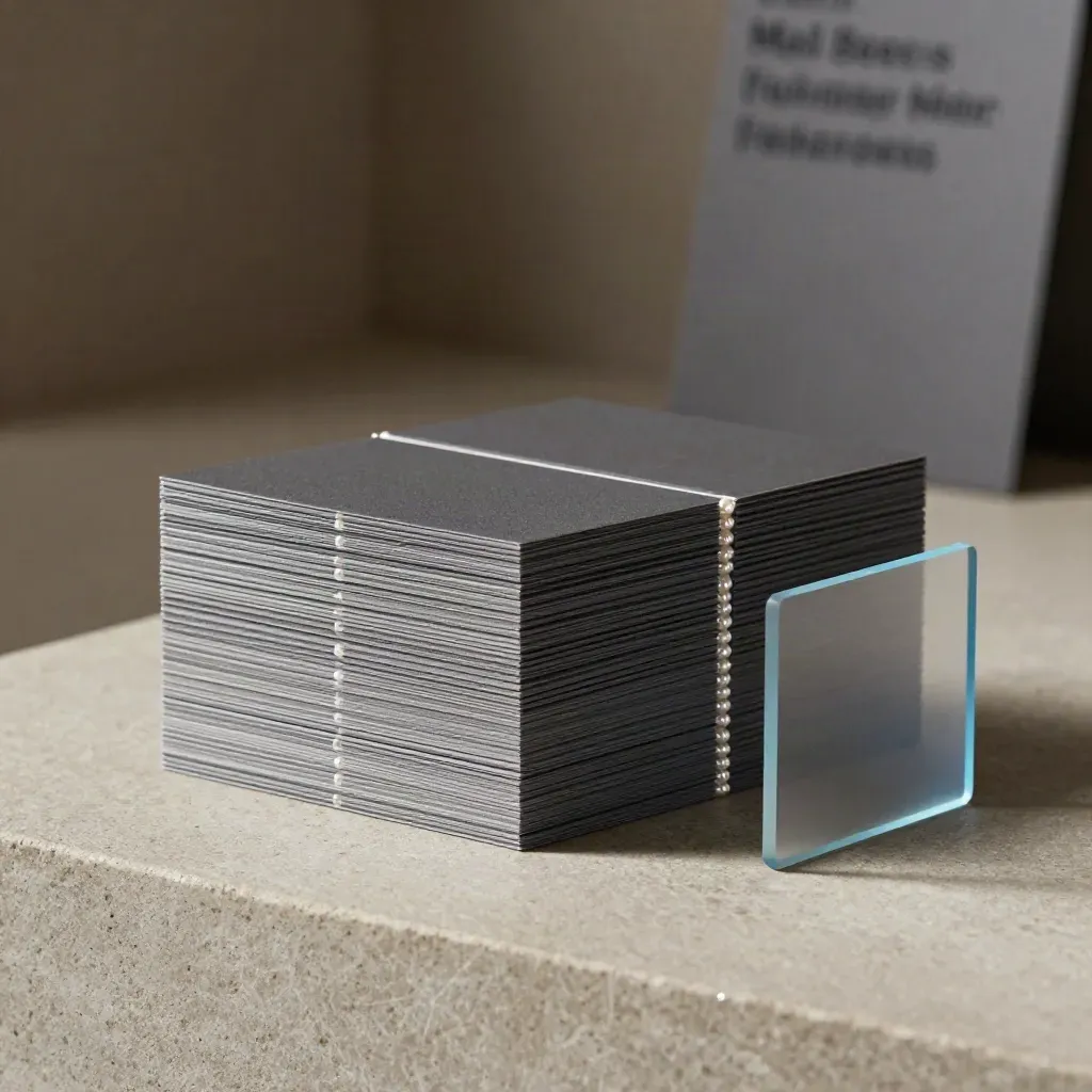 Tri-part modular campaign stack on stone plinth with clear divider sheet and blue accent