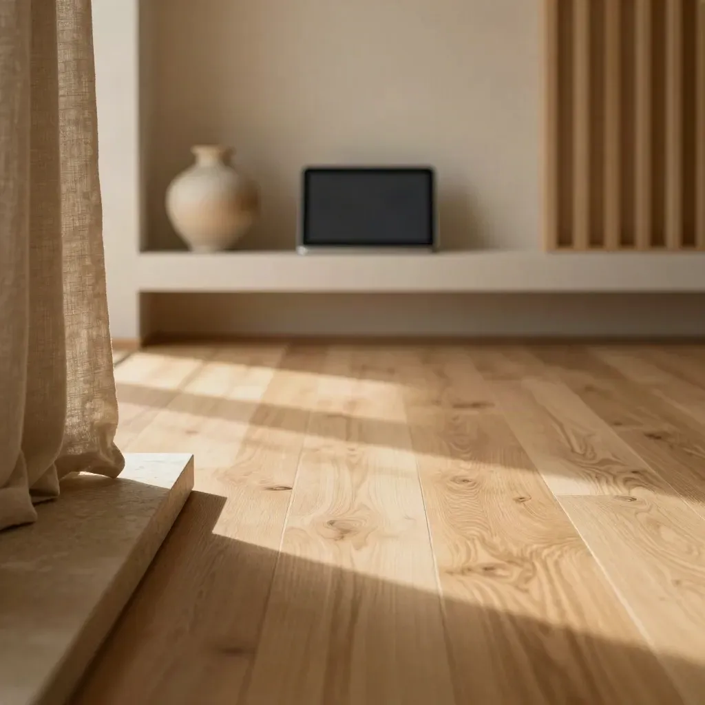 Sunlit blond-wood interior with vase, linen drape, and open oak floor for headline copy.