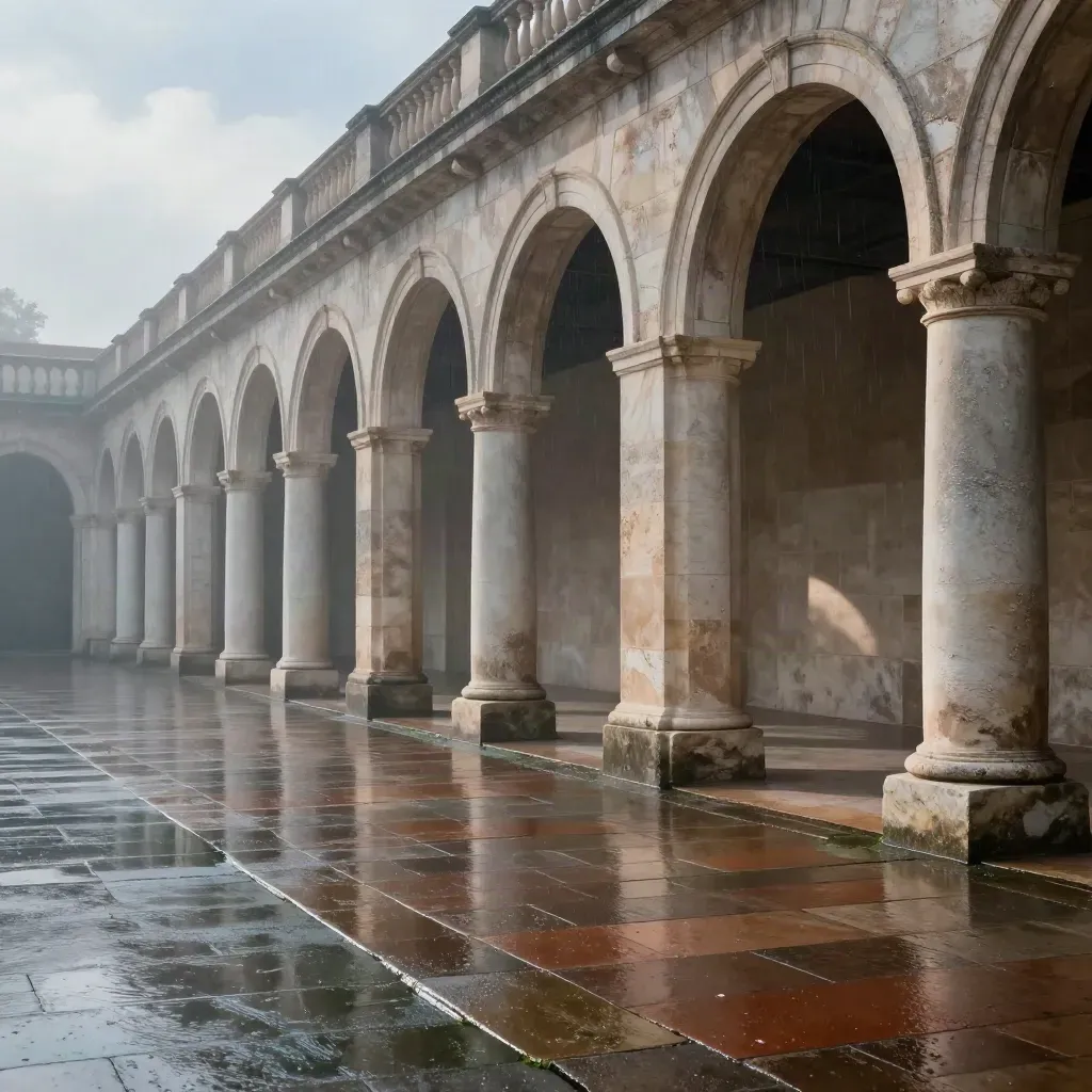 Limestone arcade with wet paving, reflected pool, and misty light after rain.