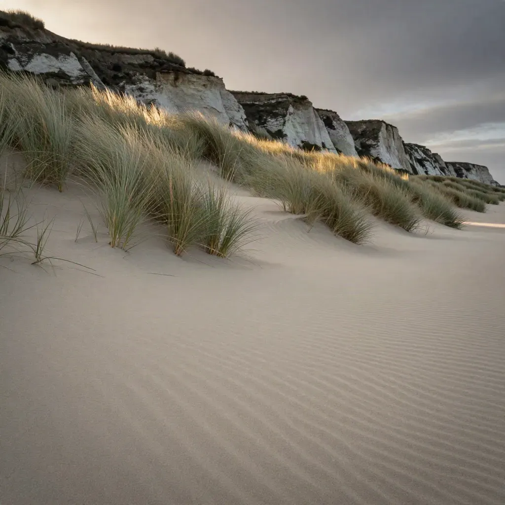 Wind-swept dune grasses and a distant chalk bluff above a calm sandy foreground.