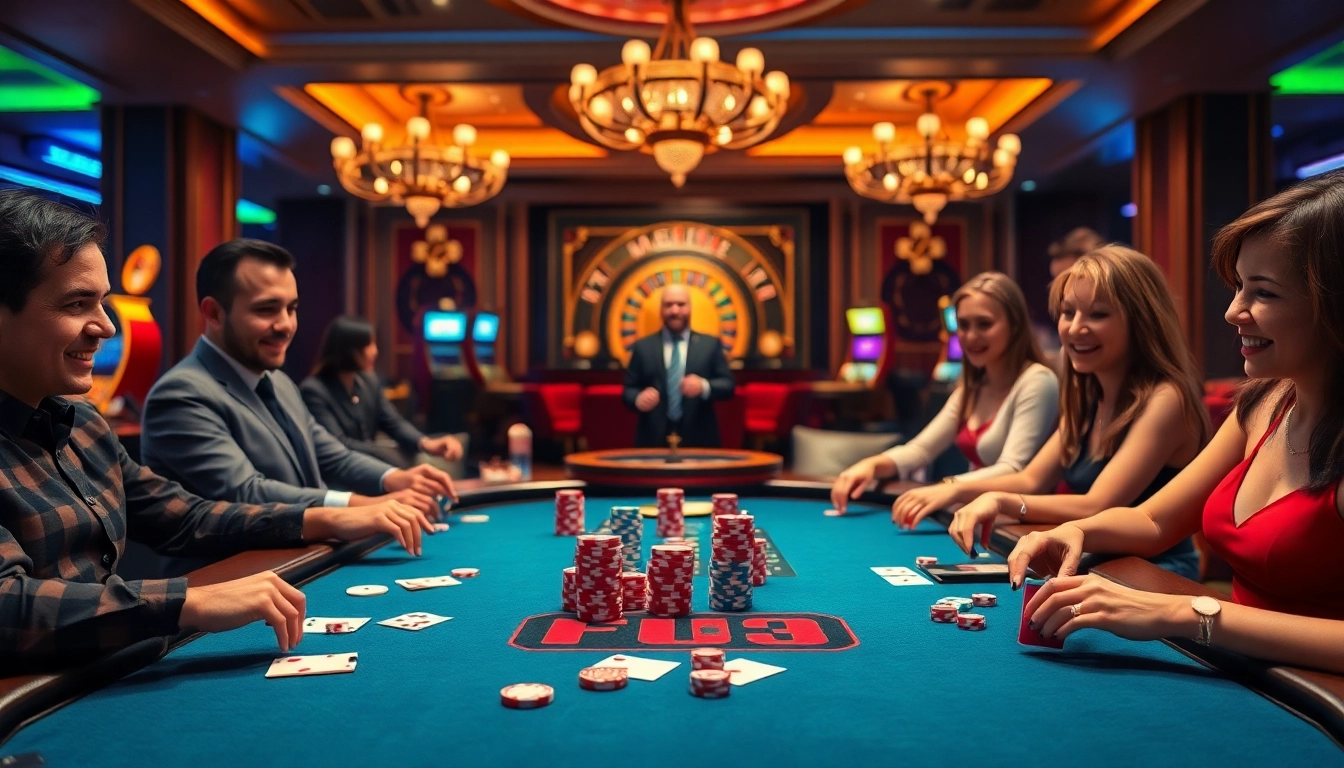 Players enjoying a thrilling Hit Club poker game at a luxury casino table with colorful chips.