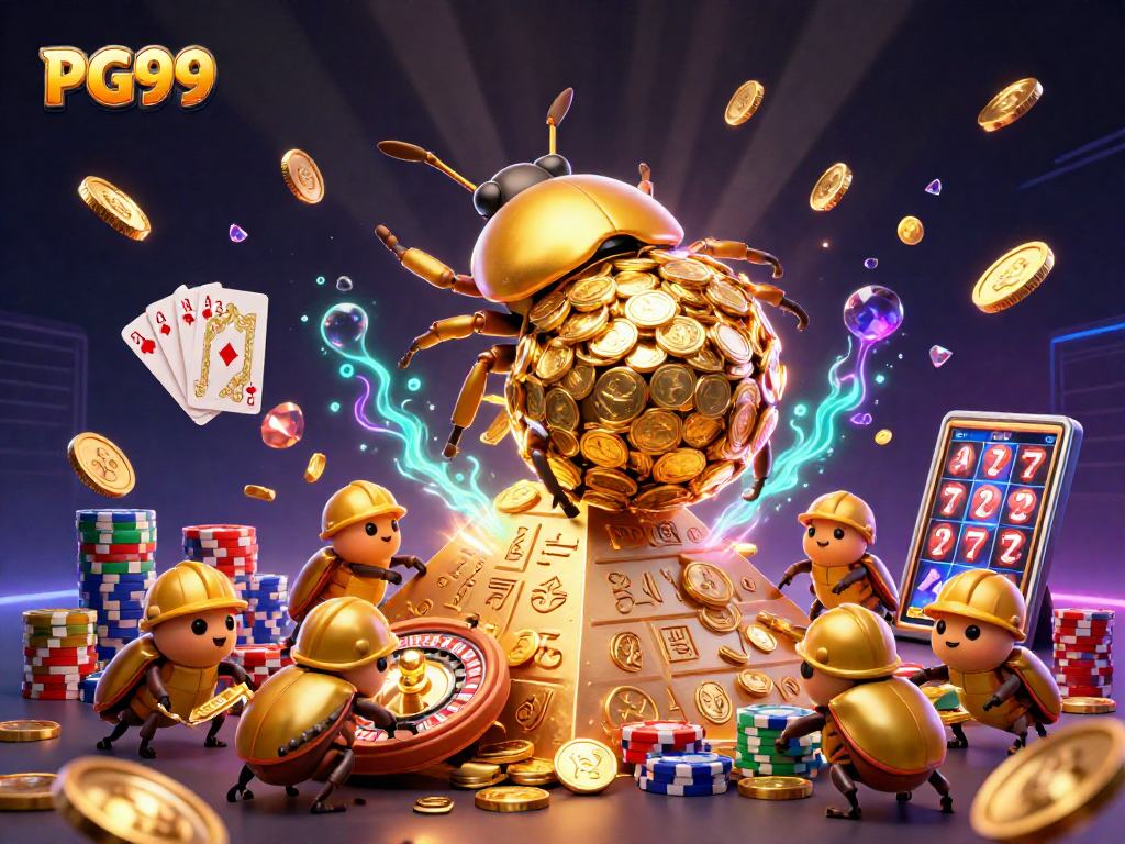 Experience PG99 with vibrant 3D action featuring golden coins and casino symbols.