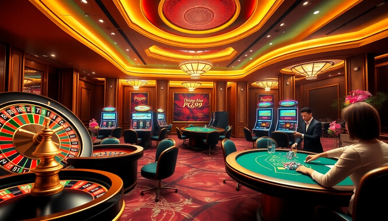 Experience the excitement of Thương hiệu PG99 in a vibrant casino setting with poker tables and roulette spins.