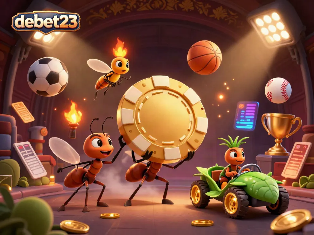 Experience the thrilling heist of debet23's golden poker chip by a cartoon ant team under dynamic sports elements.
