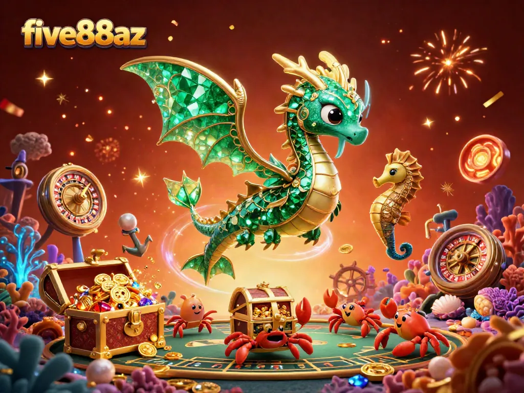 Engage in thrilling game adventures with five88az, featuring vibrant casino elements and a majestic sea dragon.