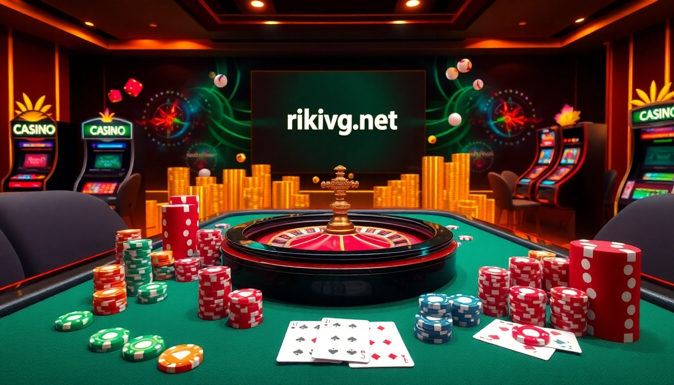 Experience the excitement of gambling with rikvip.gb.net at a stylish casino table filled with vibrant poker chips and cards.