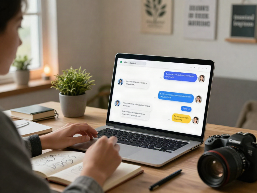 Engaging in a porn ai chat with a virtual assistant on a sleek laptop, highlighting modern technology integration in a cozy home office.