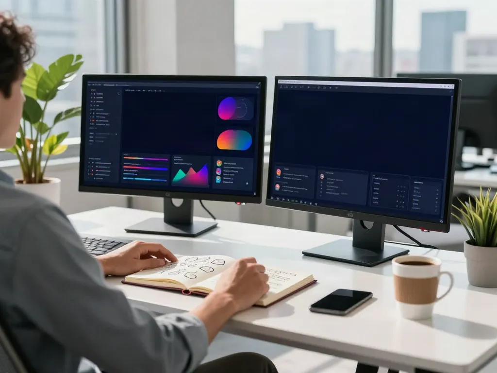 Visit website from a vibrant marketing workspace with analytics dashboards and lively sunlight.