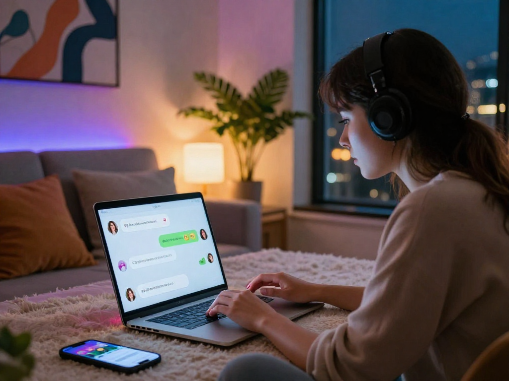 Intimate setting showcasing a user engaging with porn AI chat on a laptop amidst vibrant city lights