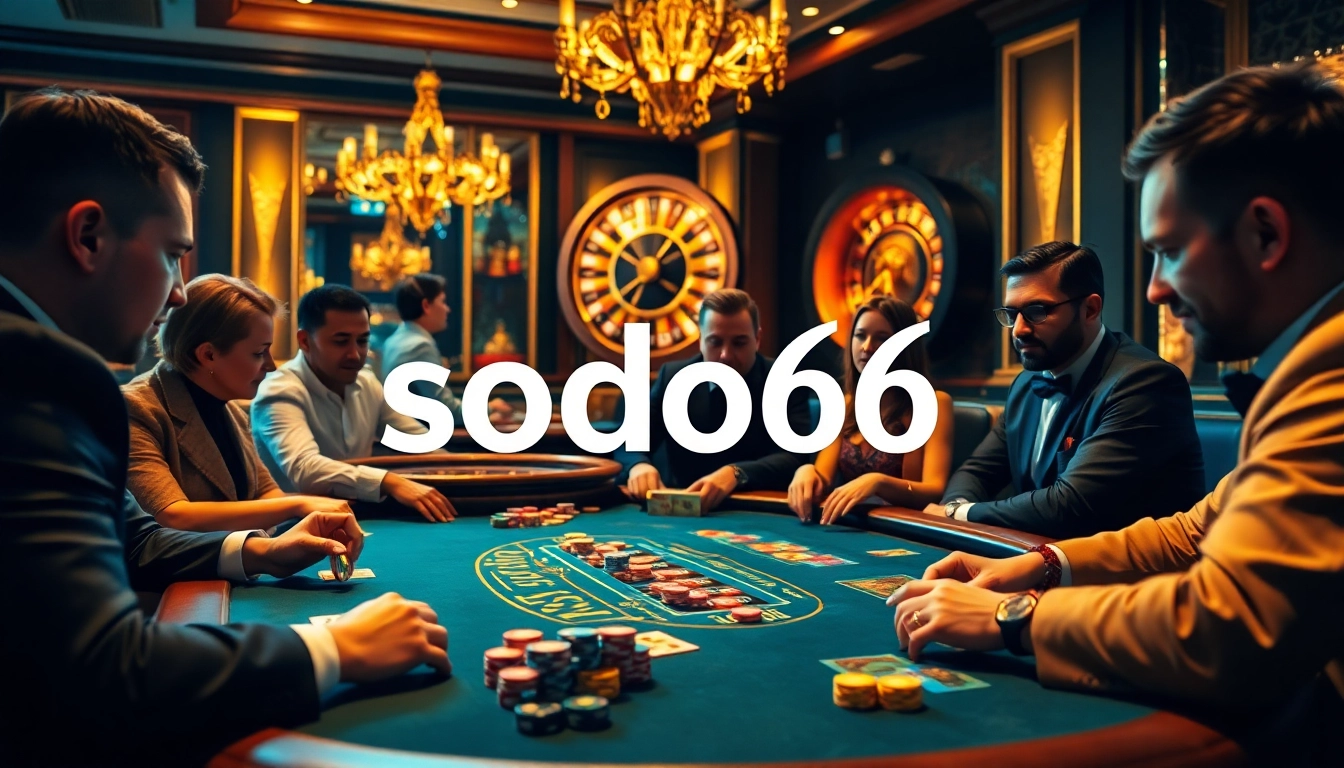Sodo66 poker players engaged in an exciting casino game, showcasing luxury and vibrant energy.