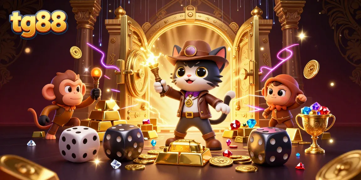 Spin the reels at tg88 with a 3D archaeologist cat and a vibrant treasure scene illuminated by gold lights.